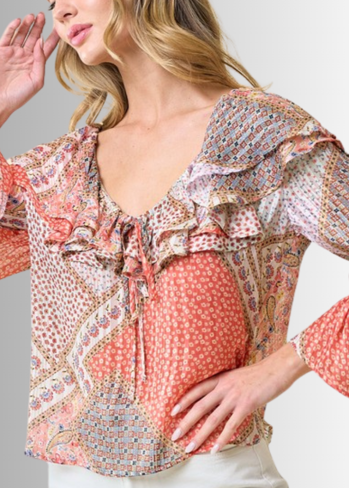 Made in USA Women's Ruffled Patchwork Top with Metallic Thread, Scoop V-Neck, Colors: Floral with coral colors Relaxed Fit
