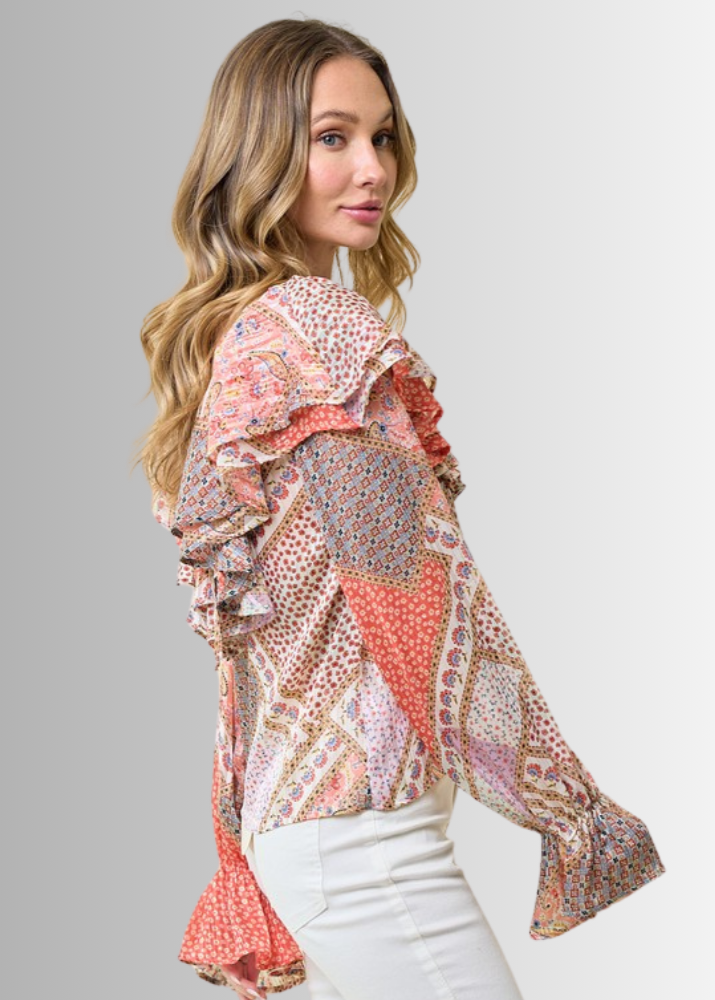 Made in USA Women's Ruffled Patchwork Top with Metallic Thread, Scoop V-Neck, Colors: Floral with coral colors Relaxed Fit