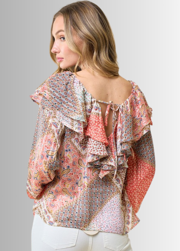 Made in USA Women's Ruffled Patchwork Top with Metallic Thread, Scoop V-Neck, Colors: Floral with coral colors Relaxed Fit
