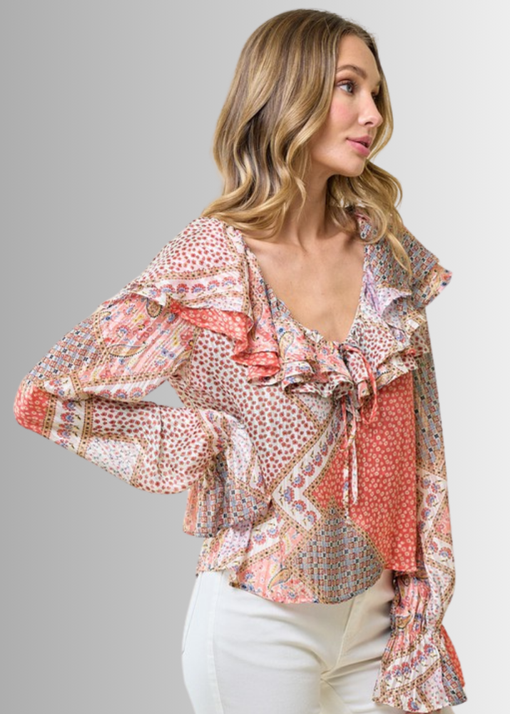 Made in USA Women's Ruffled Patchwork Top with Metallic Thread, Scoop V-Neck, Colors: Floral with coral colors Relaxed Fit