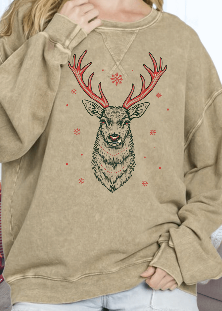 This vintage-inspired oversized sweatshirt features a striking Art Deco red antler reindeer graphic on mineral-washed antique mocha cotton. Crafted in the USA from premium 100% medium-weight cotton