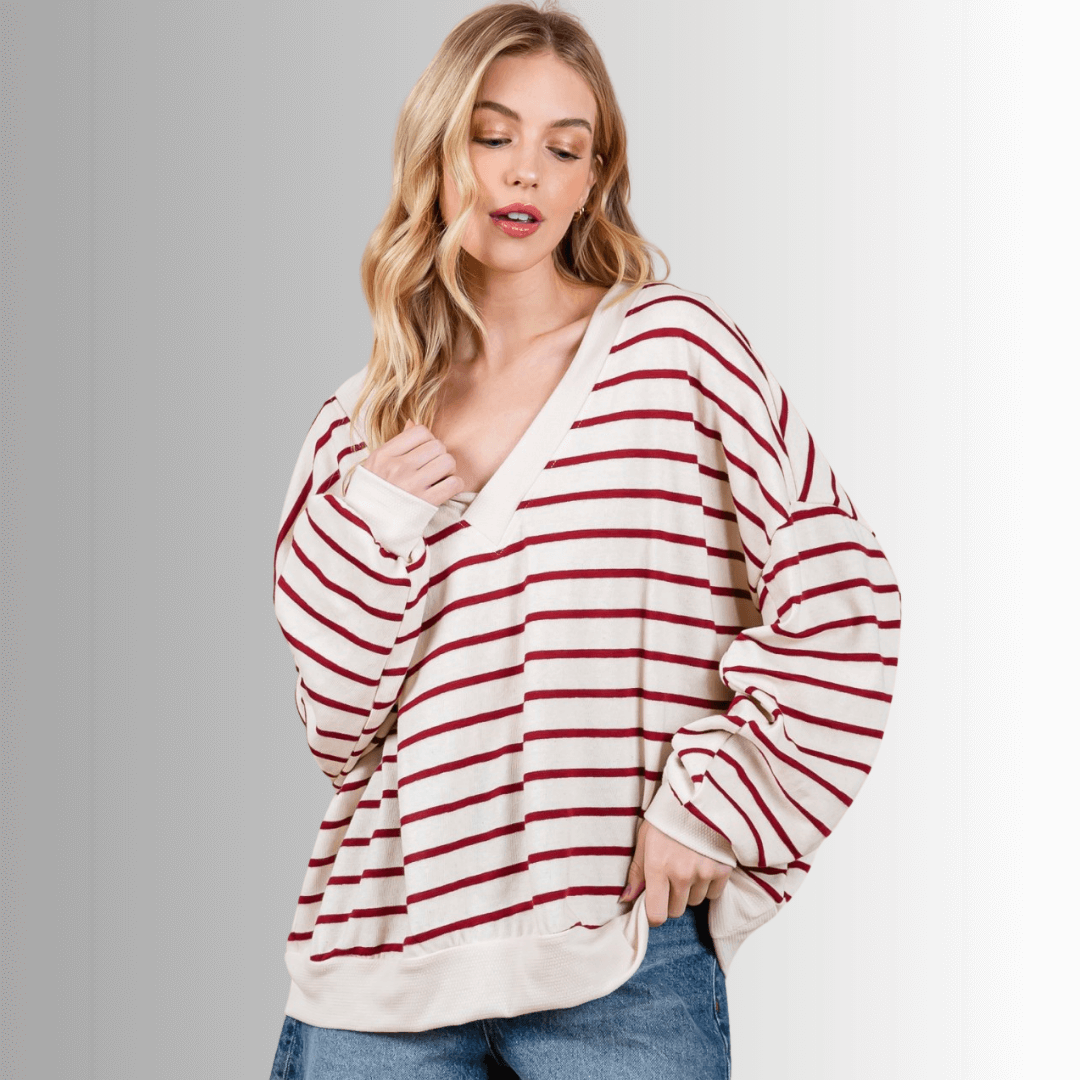 Made in USA Women's Oversized Cream Top with Crimson Stripes and a Double V-Neck, Long Sleeves, Drop Shoulder, Cotton Blend | Classy Cozy Cool Made in America Boutique