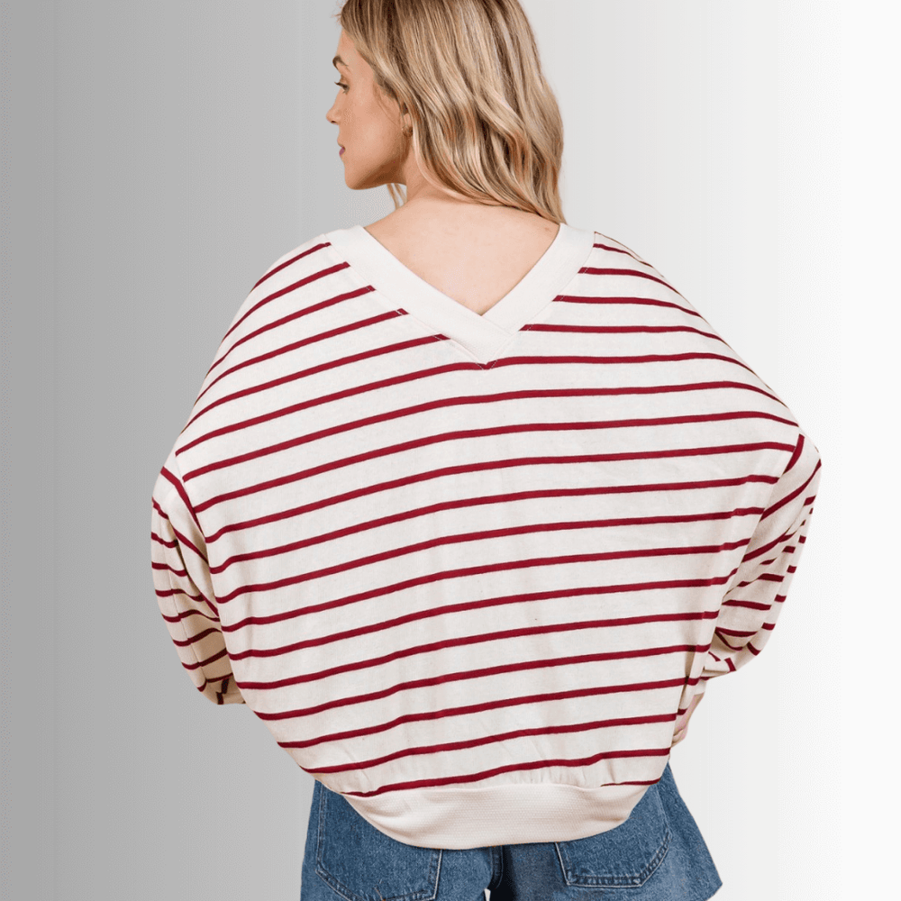 Made in USA Women's Oversized Cream Top with Crimson Stripes and a Double V-Neck, Long Sleeves, Drop Shoulder, Cotton Blend | Classy Cozy Cool Made in America Boutique