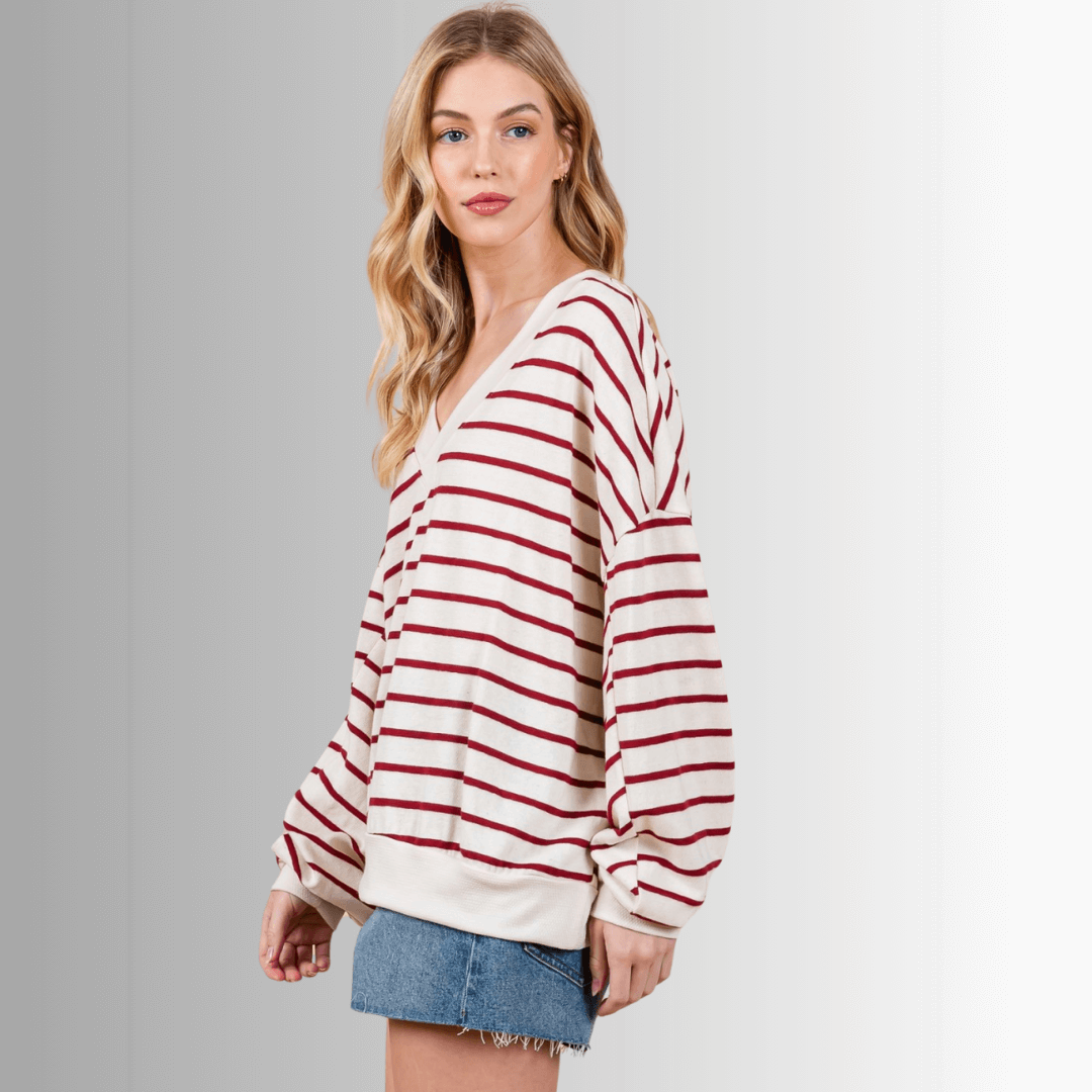 Made in USA Women's Oversized Cream Top with Crimson Stripes and a Double V-Neck, Long Sleeves, Drop Shoulder, Cotton Blend | Classy Cozy Cool Made in America Boutique