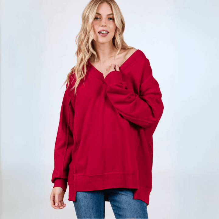 Made in USA Women's Bright Red Oversized Comfy V-Neck Sweatshirt, Drop Shoulder. Long Sleeves with High/Low Hemline | Classy Cozy Cool Made in America Boutique