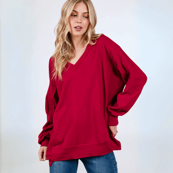 Made in USA Women's Bright Red Oversized Comfy V-Neck Sweatshirt, Drop Shoulder. Long Sleeves with High/Low Hemline | Classy Cozy Cool Made in America Boutique