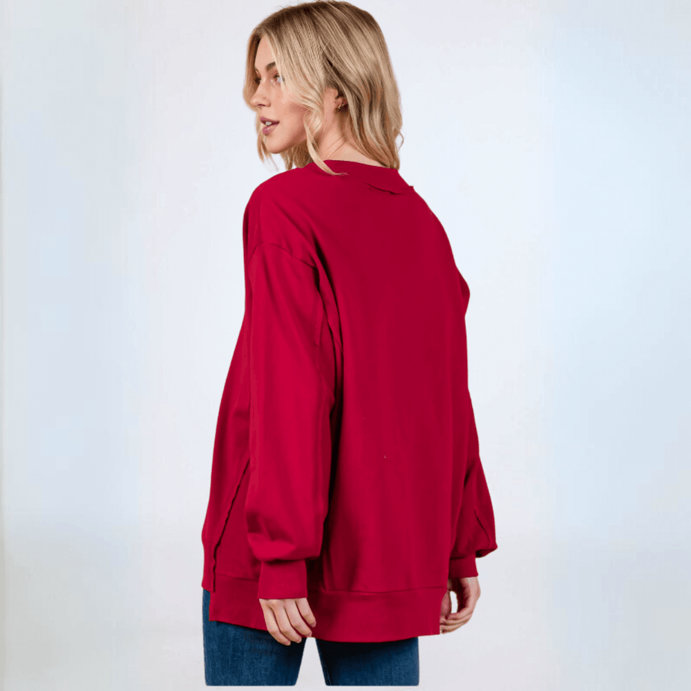 Made in USA Women's Bright Red Oversized Comfy V-Neck Sweatshirt, Drop Shoulder. Long Sleeves with High/Low Hemline | Classy Cozy Cool Made in America Boutique