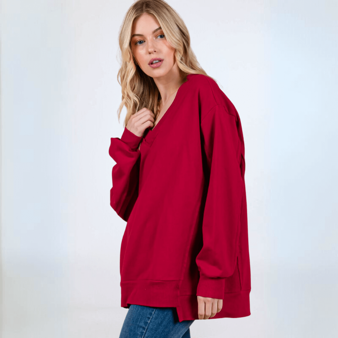 Made in USA Women's Bright Red Oversized Comfy V-Neck Sweatshirt, Drop Shoulder. Long Sleeves with High/Low Hemline | Classy Cozy Cool Made in America Boutique