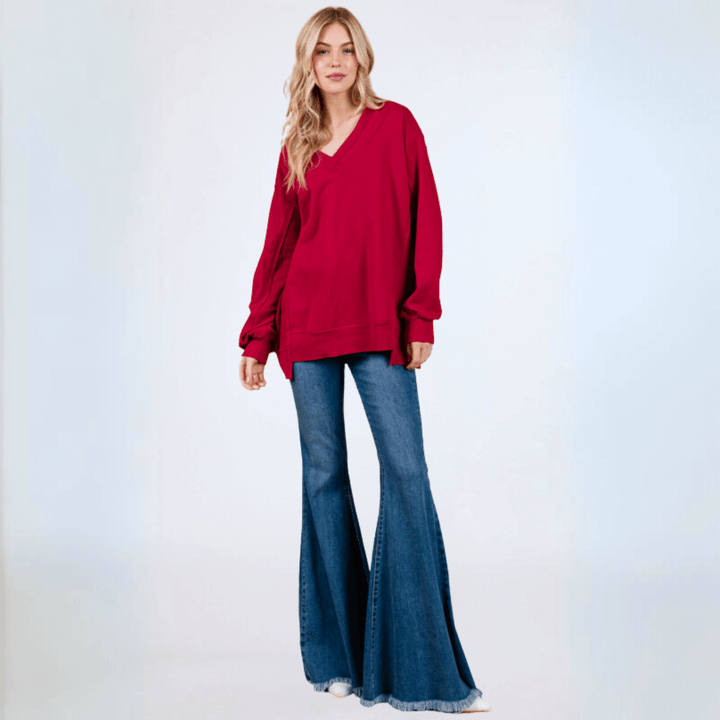 Made in USA Women's Bright Red Oversized Comfy V-Neck Sweatshirt, Drop Shoulder. Long Sleeves with High/Low Hemline | Classy Cozy Cool Made in America Boutique