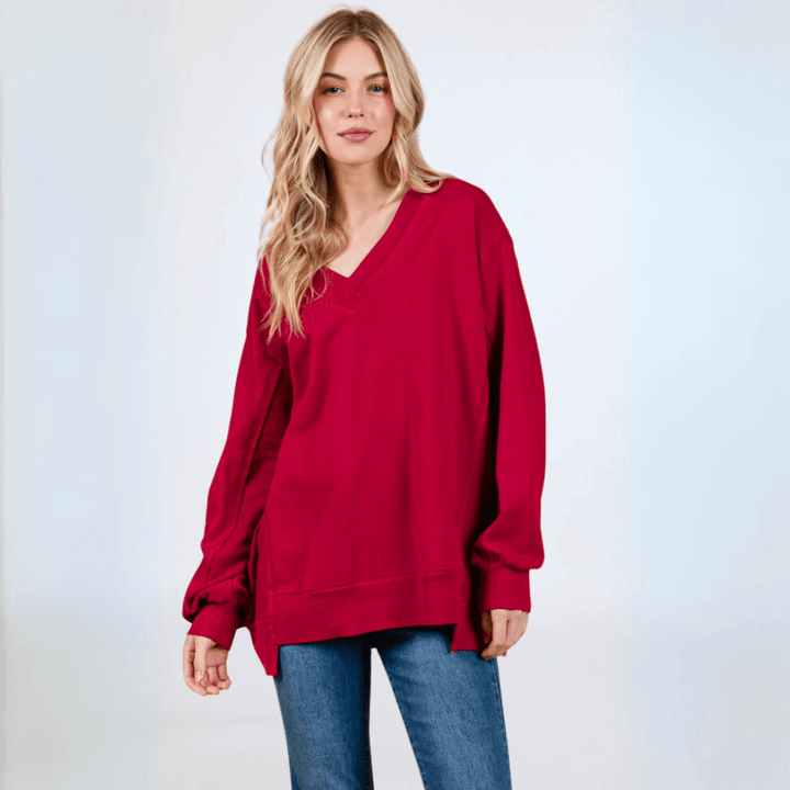 Made in USA Women's Bright Red Oversized Comfy V-Neck Sweatshirt, Drop Shoulder. Long Sleeves with High/Low Hemline | Classy Cozy Cool Made in America Boutique