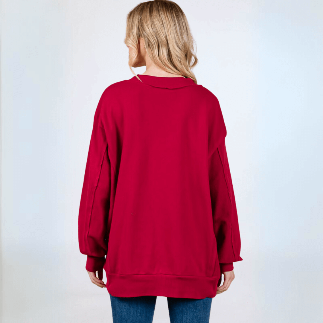 Made in USA Women's Bright Red Oversized Comfy V-Neck Sweatshirt, Drop Shoulder. Long Sleeves with High/Low Hemline | Classy Cozy Cool Made in America Boutique