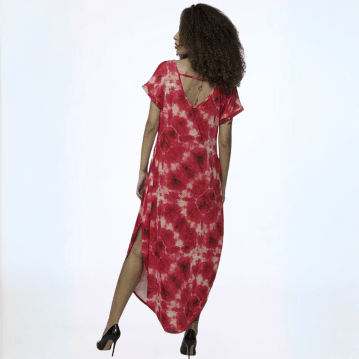 Made in USA Women's Red & Ivory Tie Dye V-Neck Short Sleeved, Side Slit Midi Beach Dress with Pockets | Classy Cozy Cool Women's Made in America Boutique