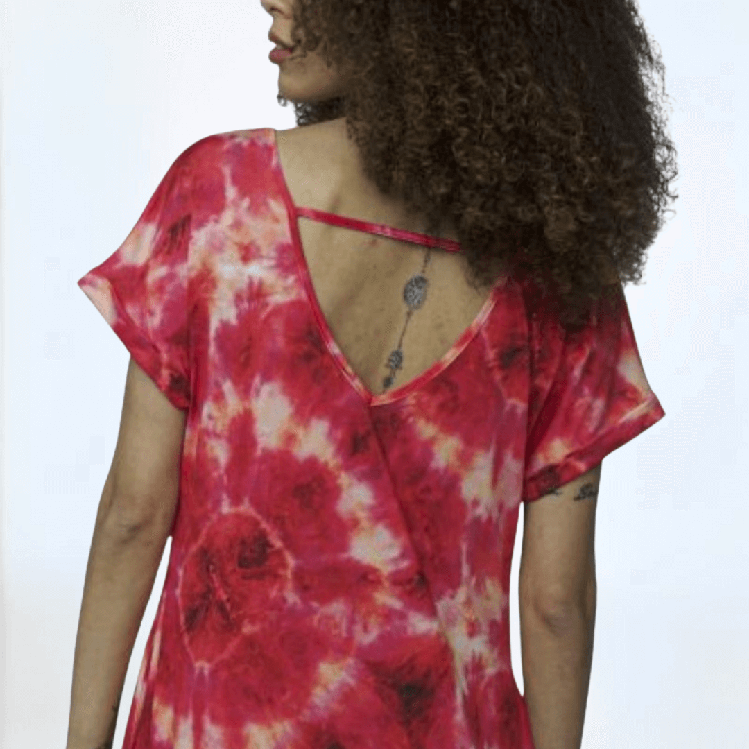 Made in USA Women's Red & Ivory Tie Dye V-Neck Short Sleeved, Side Slit Midi Beach Dress with Pockets | Classy Cozy Cool Women's Made in America Boutique