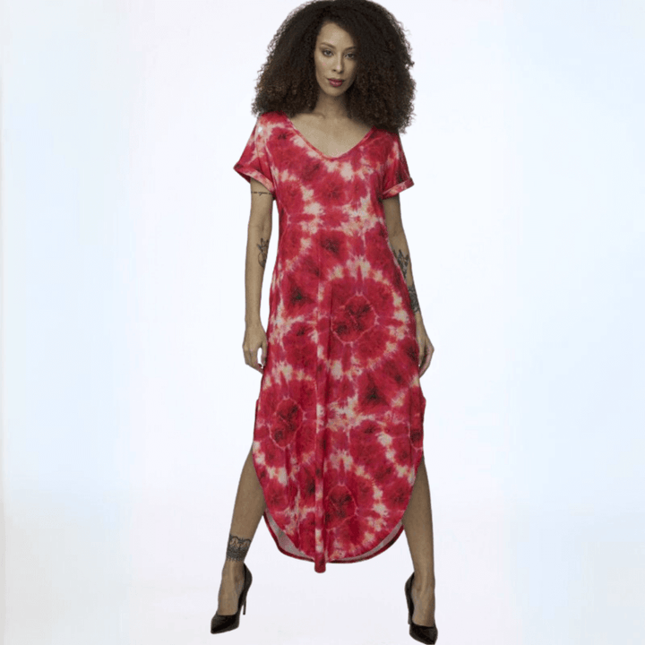 Made in USA Women's Red & Ivory Tie Dye V-Neck Short Sleeved, Side Slit Midi Beach Dress with Pockets | Classy Cozy Cool Women's Made in America Boutique