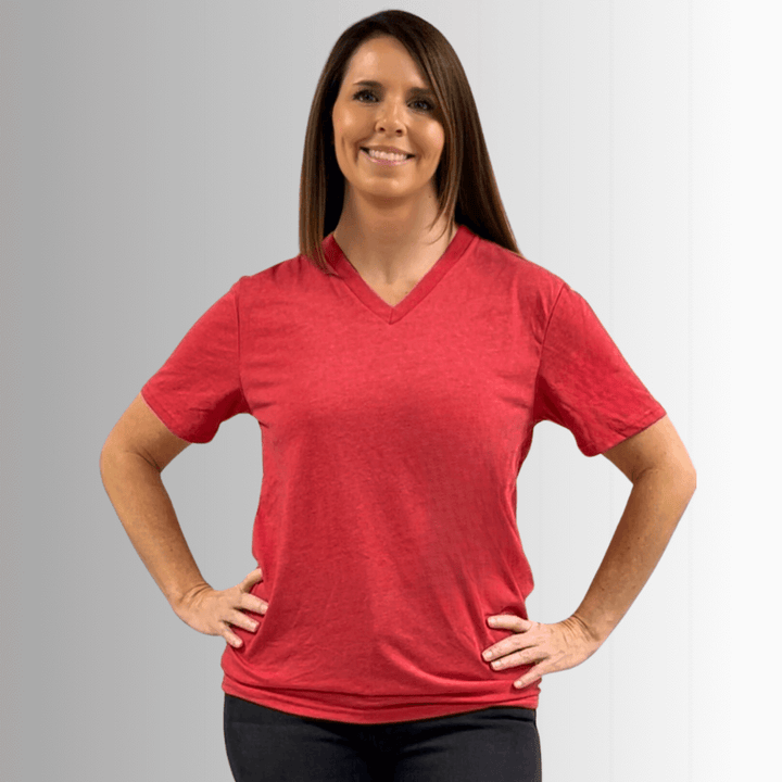 Made in USA Women's V-Neck Short Sleeves Longer Length, Vintage Soft Feel Tee Shirt Available in Indigo Blue and Cardinal Red 50% Cotton 50% Polyester 