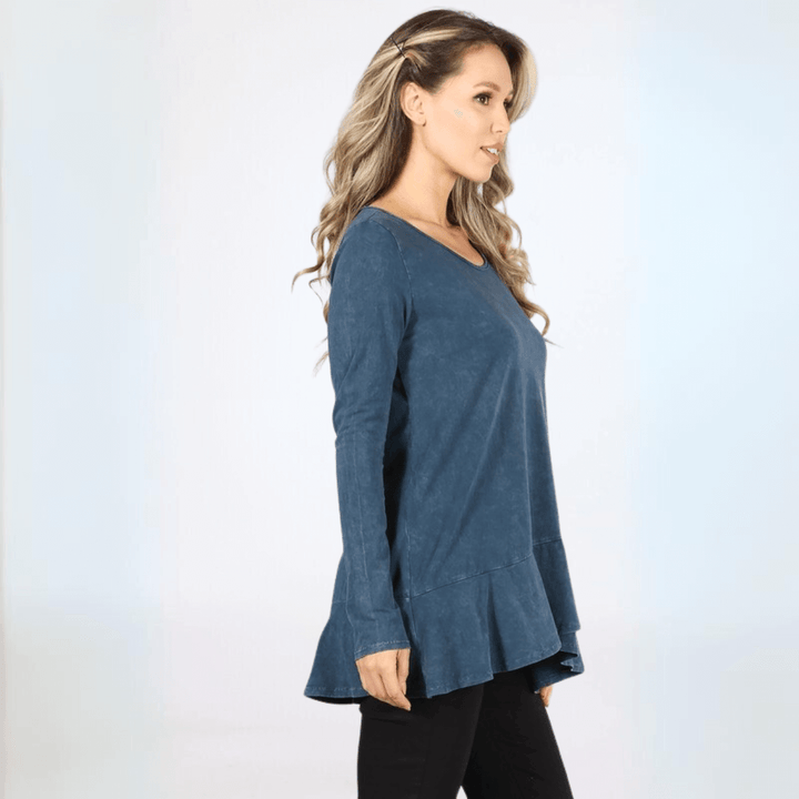 USA Made Ladies High Low Hem Casual Long Sleeve Cotton Tee in Mineral Washed Denim Blue | Classy Cozy Cool Women's Made in America Boutique