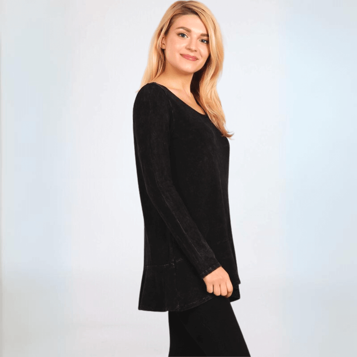 USA Made Ladies High Low Hem Casual Long Sleeve Cotton Tee in Mineral Washed Black | Classy Cozy Cool Women's Made in America Boutique