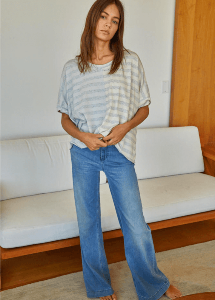 This Relax Striped Cotton Tee brings a fun twist to your casual wardrobe with its bold color block gray stripes and comfy loose boxy fit. Made in USA from a soft blend of 75% cotton and 25% polyester, it feels light and breathable for all-day ease.