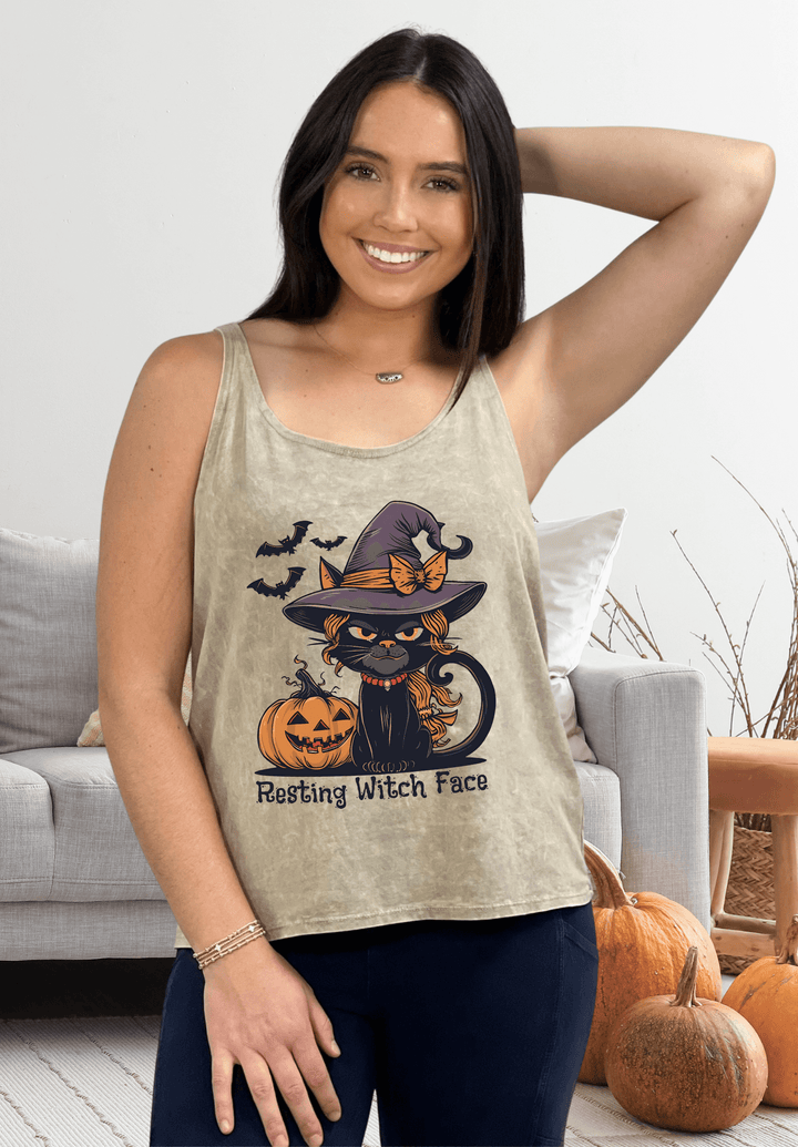 Made in USA Women's "Resting Witch Face" Halloween Graphic Sustainable durable premium America-made cotton tank top, Wide Round Neck, Loose Fit 