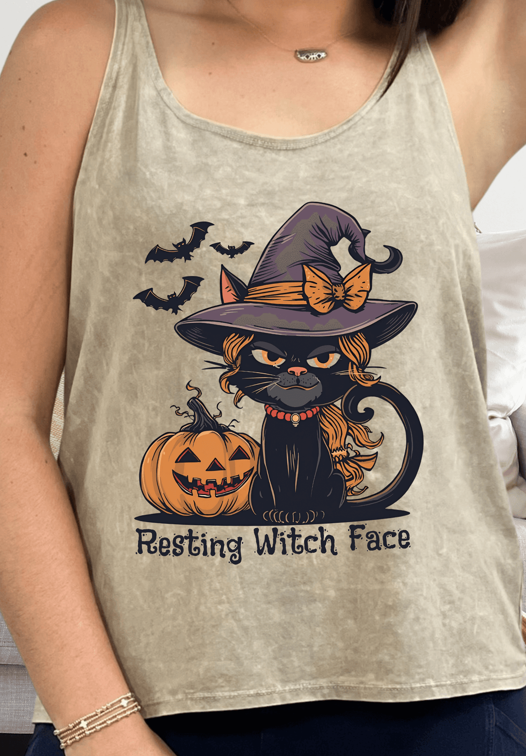 Made in USA Women's "Resting Witch Face" Halloween Graphic Sustainable durable premium America-made cotton tank top, Wide Round Neck, Loose Fit 
