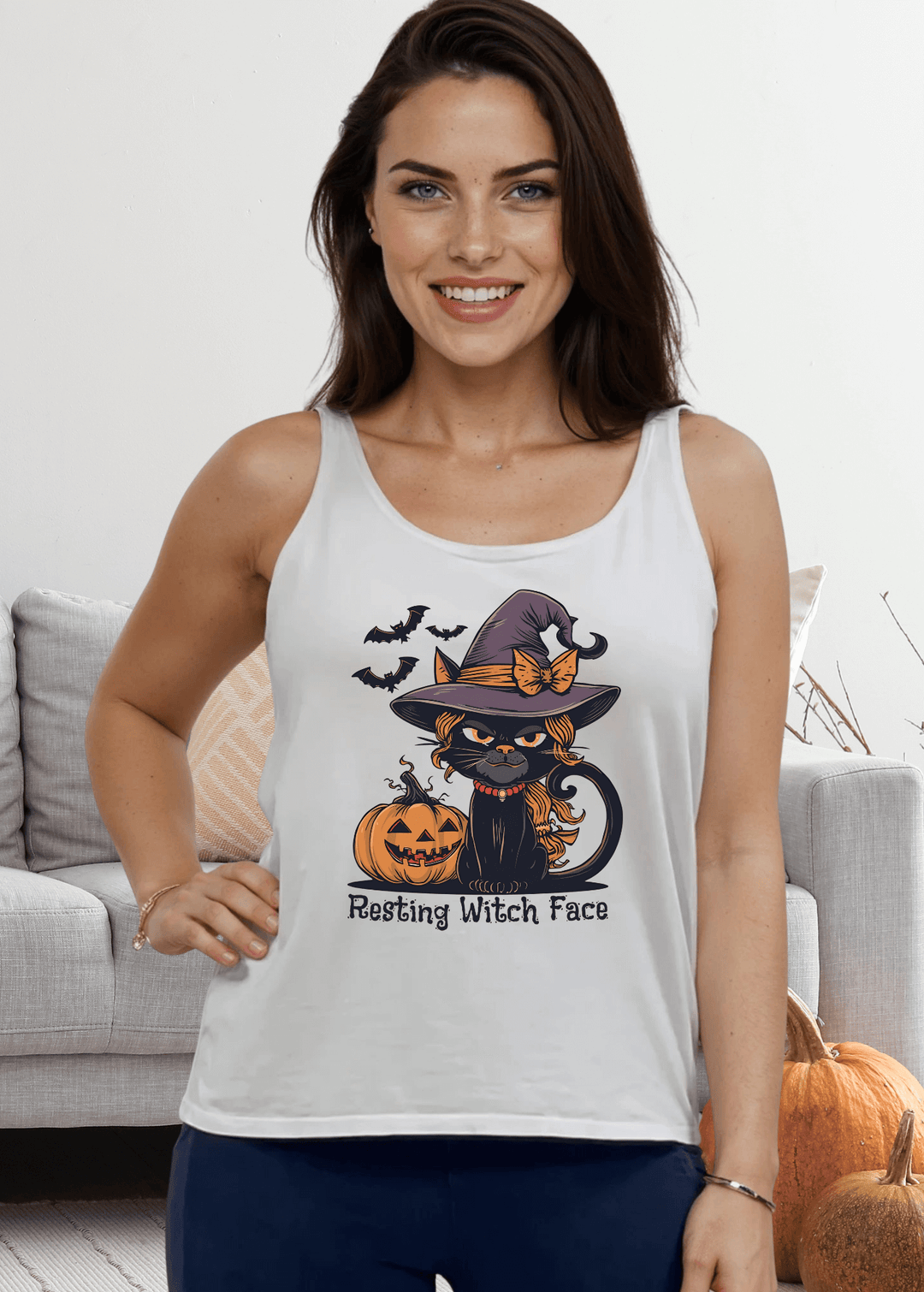 Made in USA Women's "Resting Witch Face" Halloween Graphic Sustainable durable premium America-made cotton tank top, Wide Round Neck, Loose Fit 
