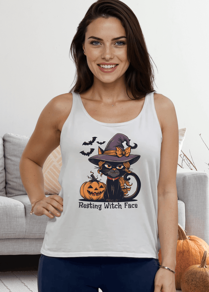 Made in USA Women's "Resting Witch Face" Halloween Graphic Sustainable durable premium America-made cotton tank top, Wide Round Neck, Loose Fit 