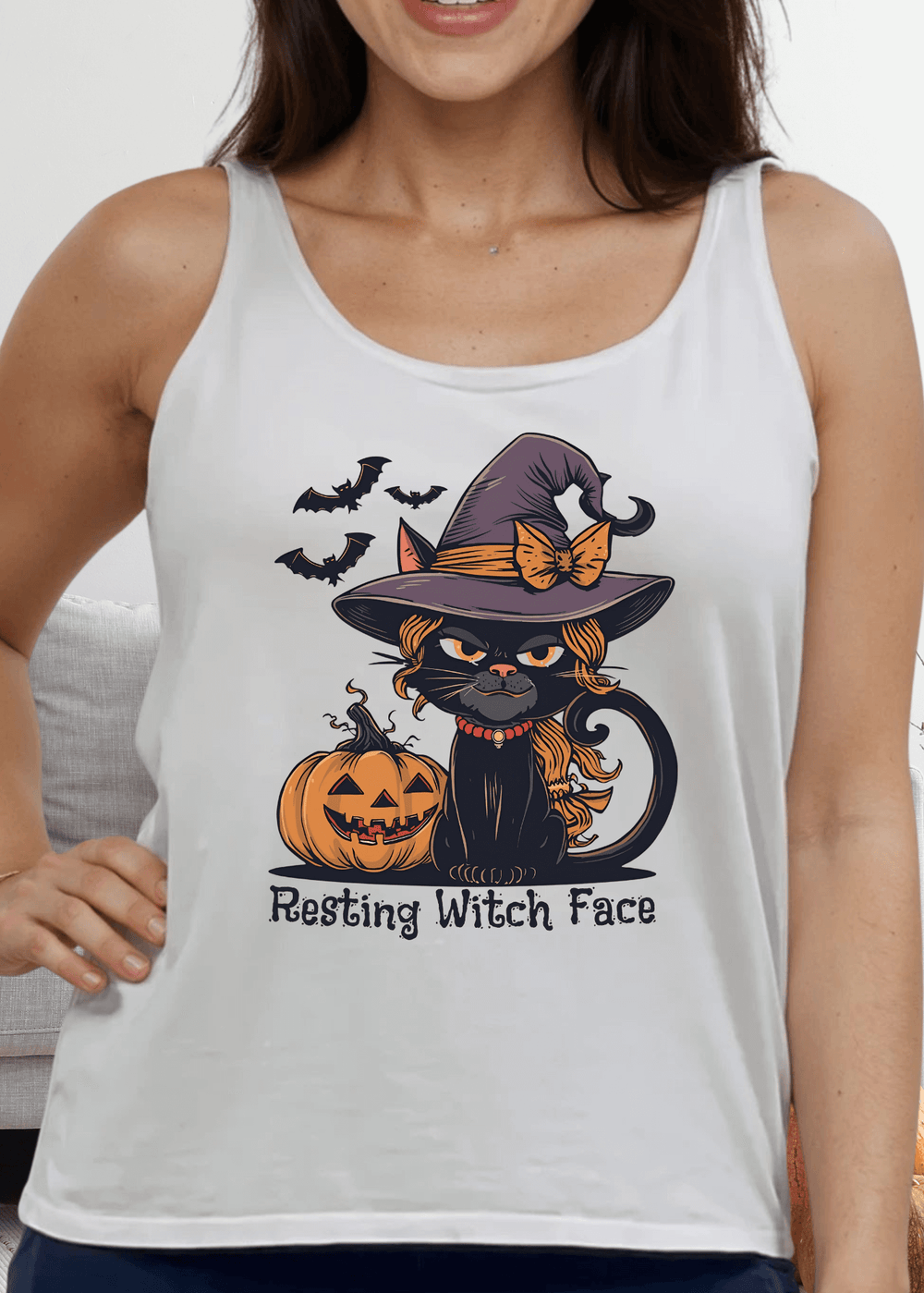 Made in USA Women's "Resting Witch Face" Halloween Graphic Sustainable durable premium America-made cotton tank top, Wide Round Neck, Loose Fit 