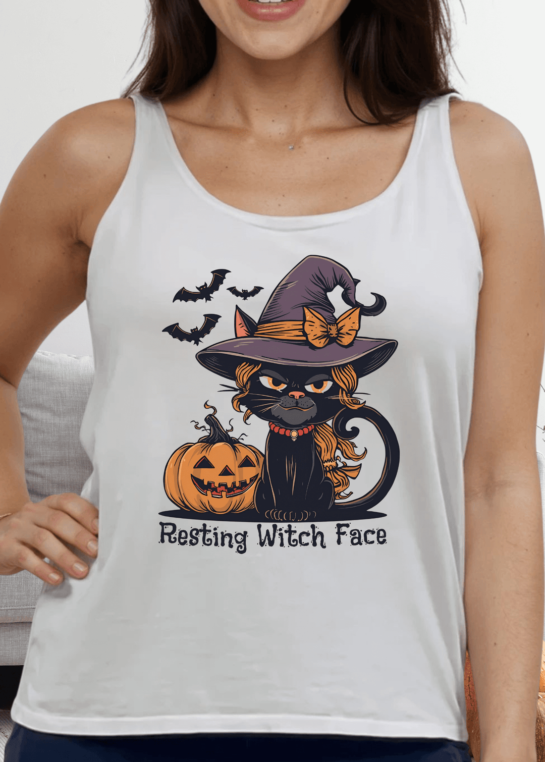 Made in USA Women's "Resting Witch Face" Halloween Graphic Sustainable durable premium America-made cotton tank top, Wide Round Neck, Loose Fit 