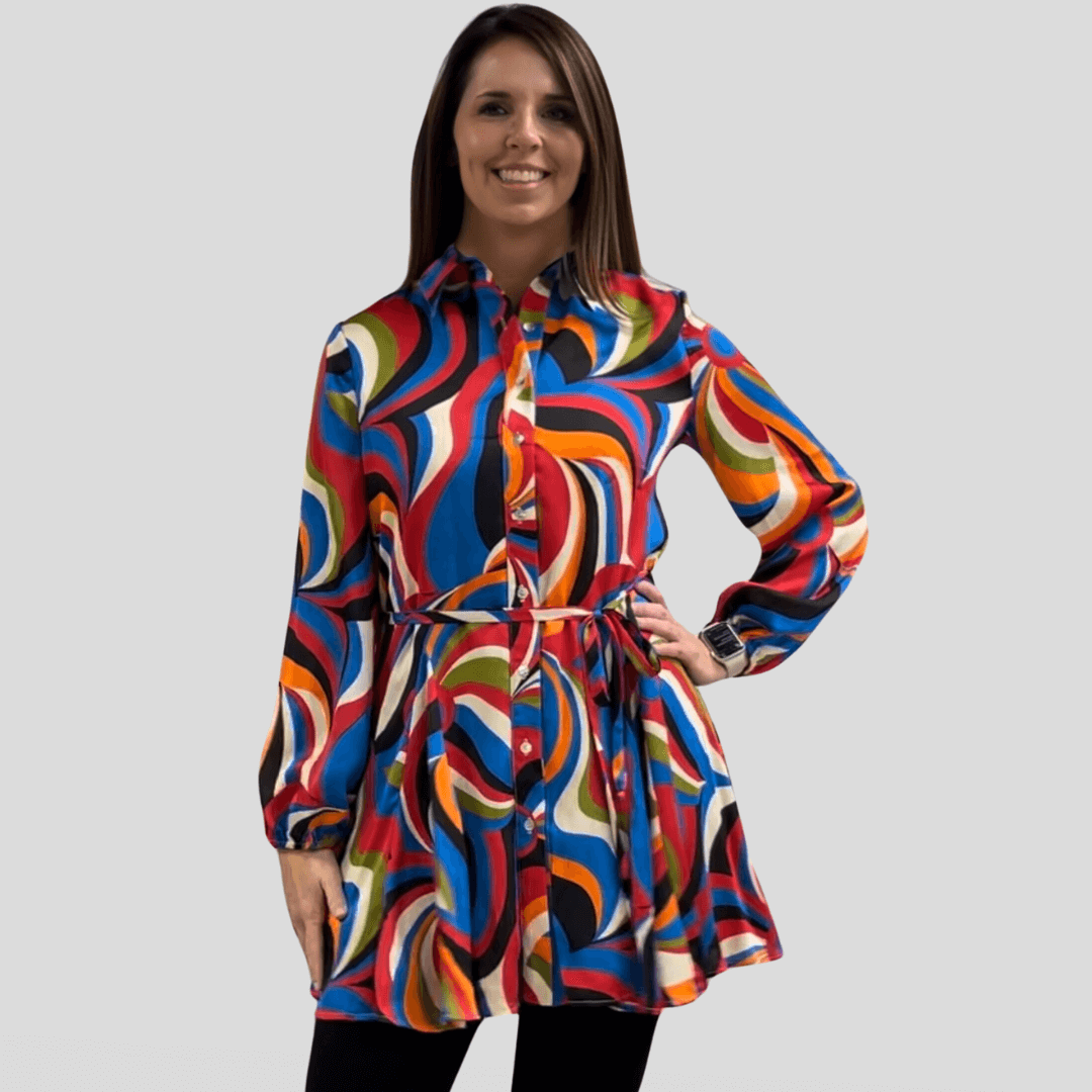 Made in USA Women's Button Down Mini Shirt Dress or Tunic with Tie Waist, Collared, Relaxed Fit, Long Sleeves, Elastic Cuffs, in a Unique Colorful Retro Pattern | Classy Cozy Cool Made in America Boutique