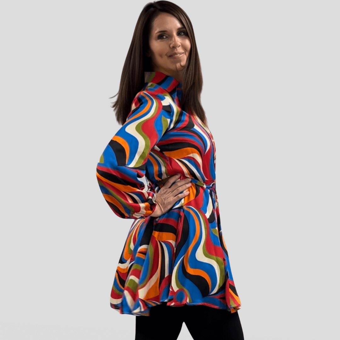 Made in USA Women's Button Down Mini Shirt Dress or Tunic with Tie Waist, Collared, Relaxed Fit, Long Sleeves, Elastic Cuffs, in a Unique Colorful Retro Pattern | Classy Cozy Cool Made in America Boutique