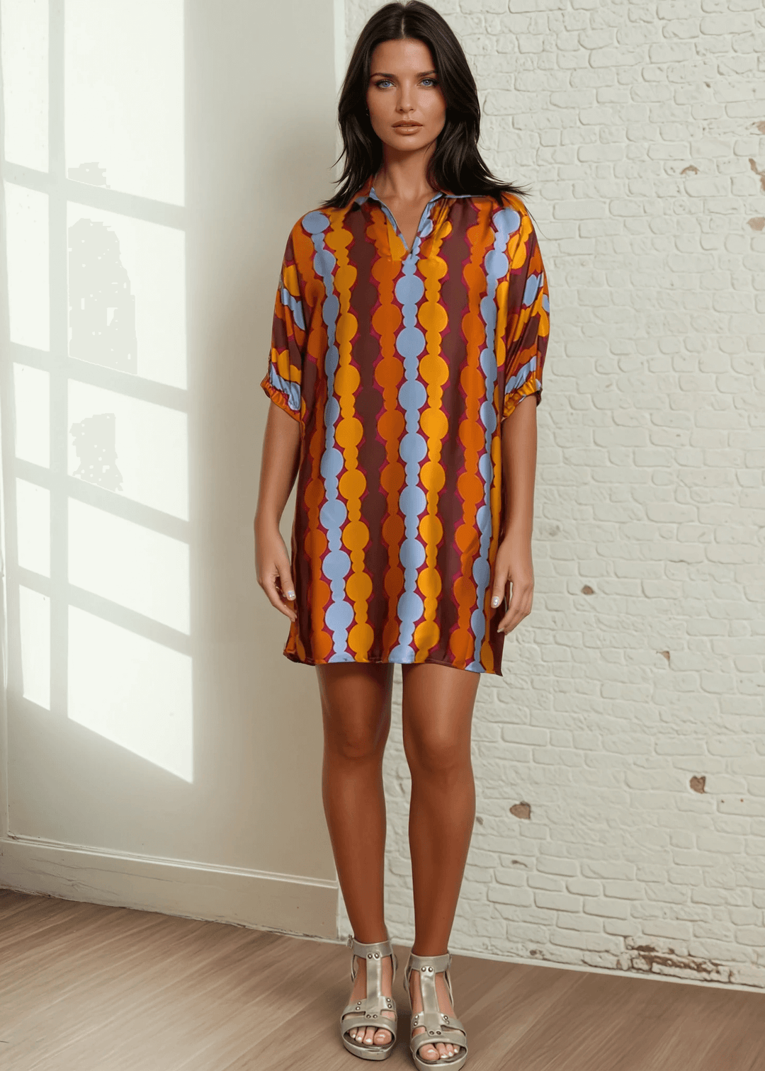 Made in USA Women's Geometric Print Mini Dress, Can be Worn as a Tunic, V-Neck, Stand Collar, Fully Lined, Oversized Fit, Satin Material | Classy Cozy Cool Made in America Boutique