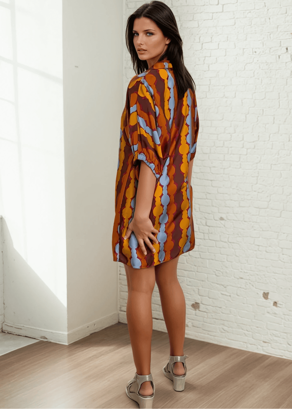 Made in USA Women's Geometric Print Mini Dress, Can be Worn as a Tunic, V-Neck, Stand Collar, Fully Lined, Oversized Fit, Satin Material | Classy Cozy Cool Made in America Boutique