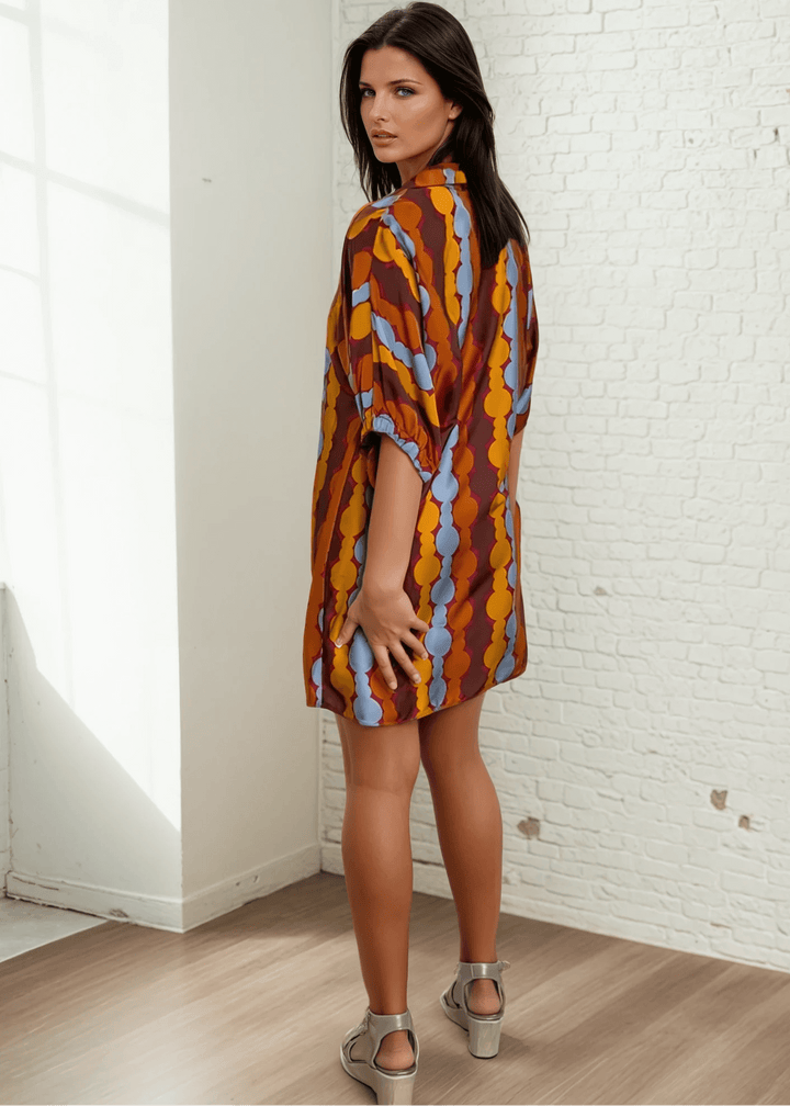 Made in USA Women's Geometric Print Mini Dress, Can be Worn as a Tunic, V-Neck, Stand Collar, Fully Lined, Oversized Fit, Satin Material | Classy Cozy Cool Made in America Boutique