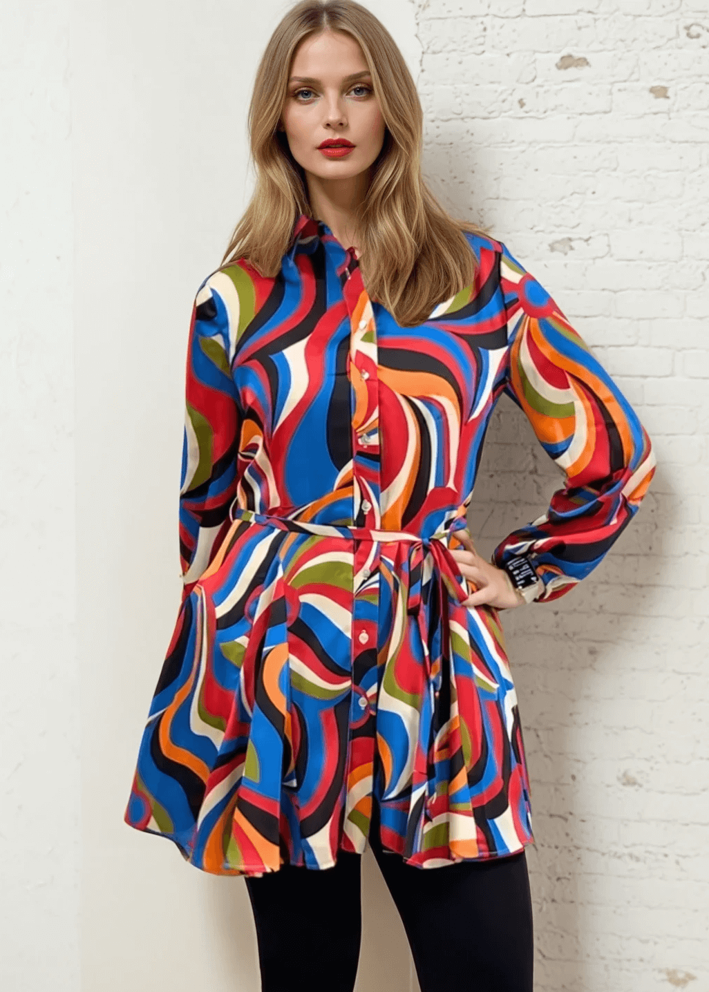 Made in USA Women's Button Down Mini Shirt Dress or Tunic with Tie Waist, Collared, Relaxed Fit, Long Sleeves, Elastic Cuffs, in a Unique Colorful Retro Pattern | Classy Cozy Cool Made in America Boutique