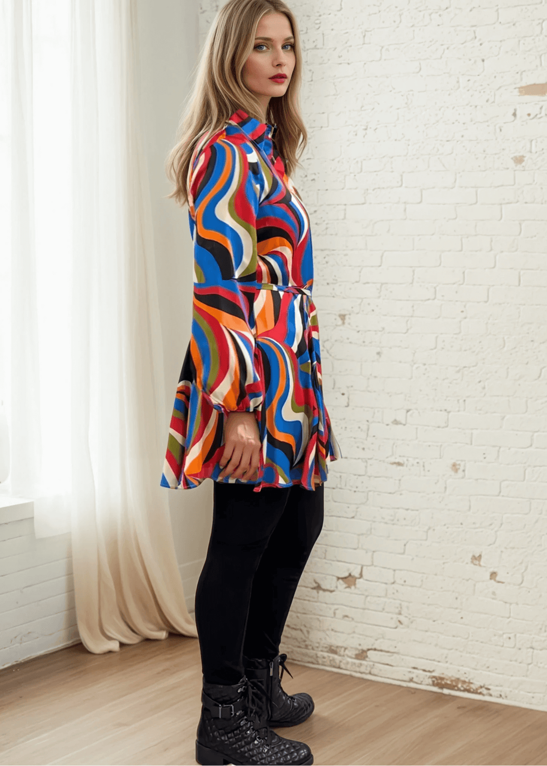 Made in USA Women's Button Down Mini Shirt Dress or Tunic with Tie Waist, Collared, Relaxed Fit, Long Sleeves, Elastic Cuffs, in a Unique Colorful Retro Pattern | Classy Cozy Cool Made in America Boutique