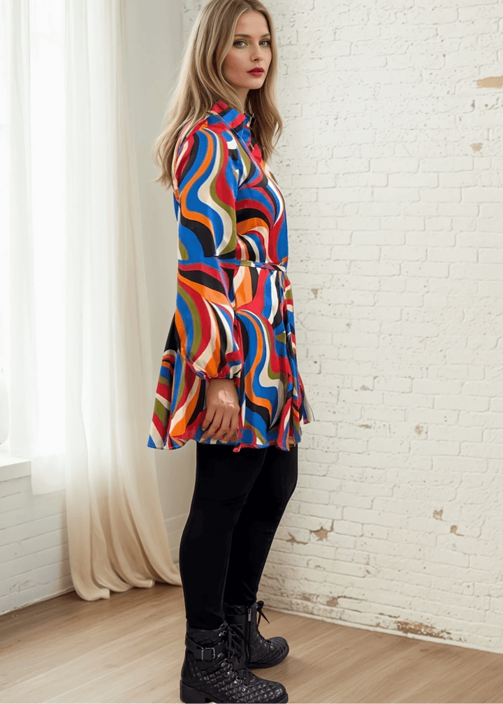 Made in USA Women's Button Down Mini Shirt Dress or Tunic with Tie Waist, Collared, Relaxed Fit, Long Sleeves, Elastic Cuffs, in a Unique Colorful Retro Pattern | Classy Cozy Cool Made in America Boutique