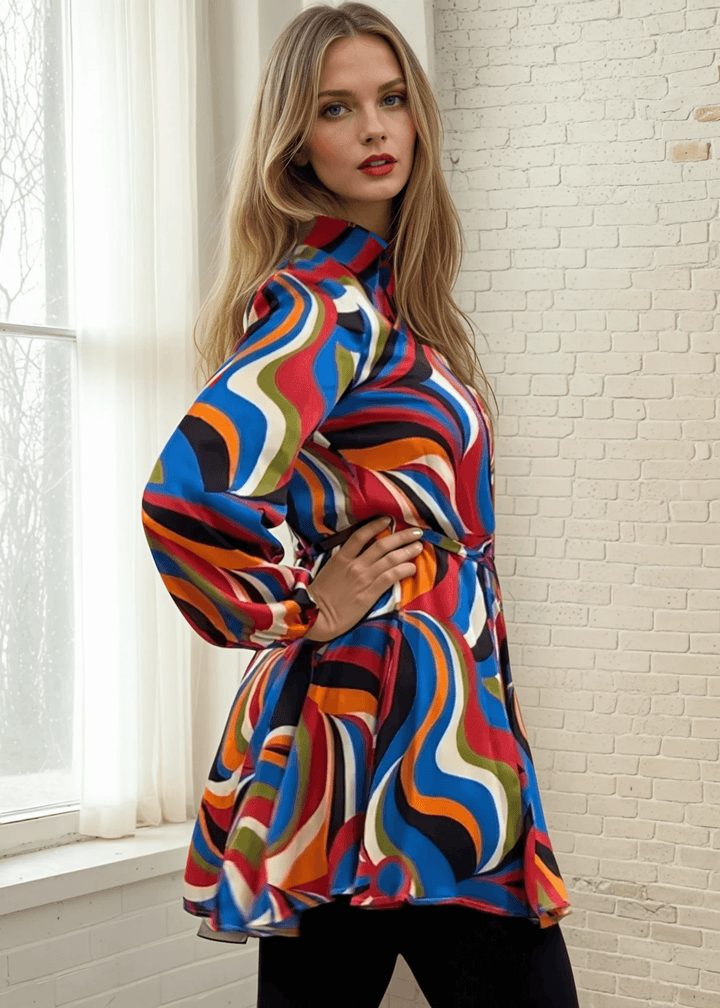 Made in USA Women's Button Down Mini Shirt Dress or Tunic with Tie Waist, Collared, Relaxed Fit, Long Sleeves, Elastic Cuffs, in a Unique Colorful Retro Pattern | Classy Cozy Cool Made in America Boutique