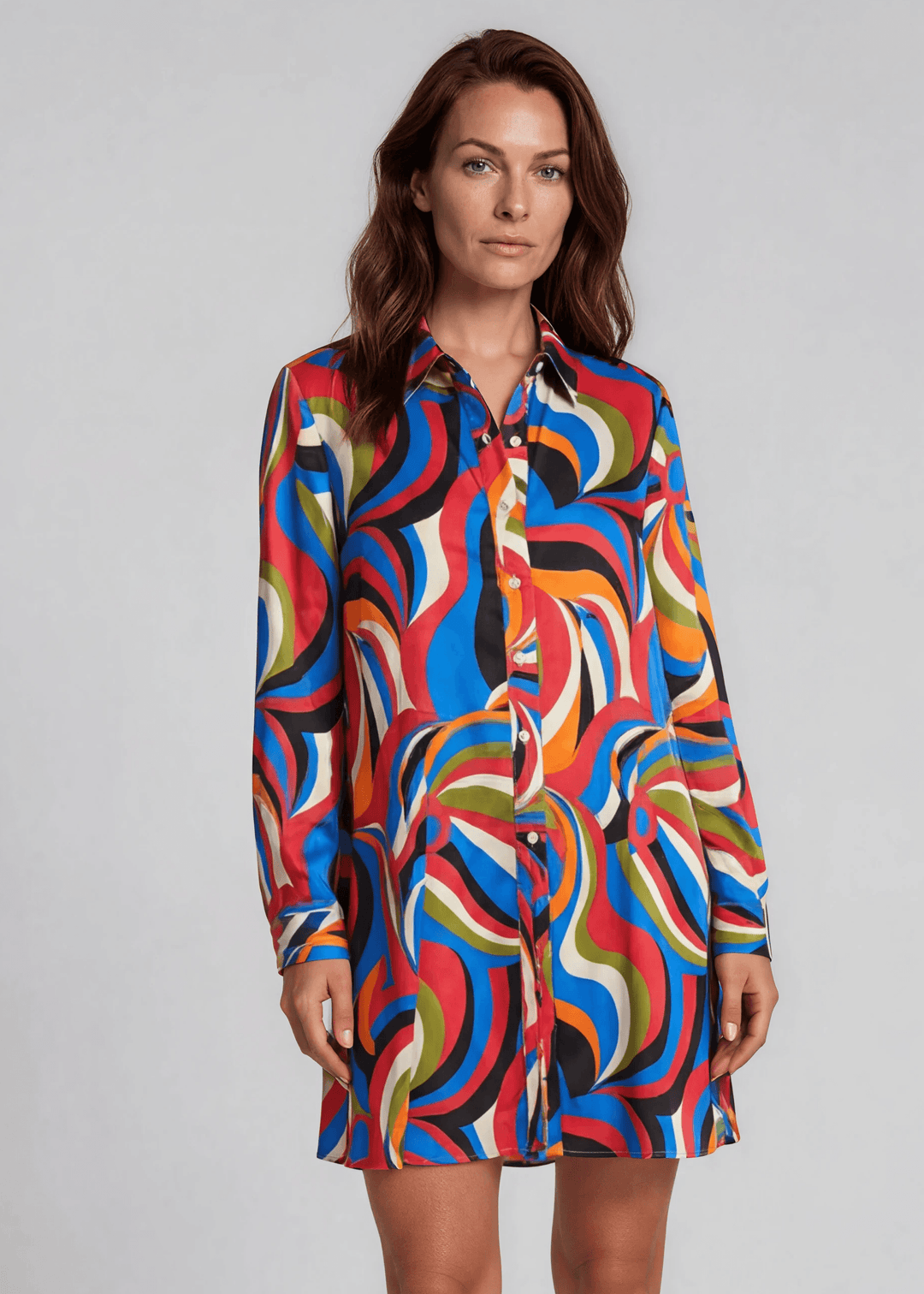 Made in USA Women's Button Down Mini Shirt Dress or Tunic with Tie Waist, Collared, Relaxed Fit, Long Sleeves, Elastic Cuffs, in a Unique Colorful Retro Pattern | Classy Cozy Cool Made in America Boutique