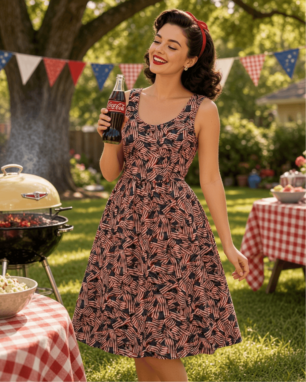 A woman in a 1950s-style sleeveless dress with a red, pink, and navy geometric pattern stands outdoors in a backyard setting, holding a vintage Coca-Cola bottle. The background features a grill, tables with red-and-white checkered tablecloths, and patriotic bunting.