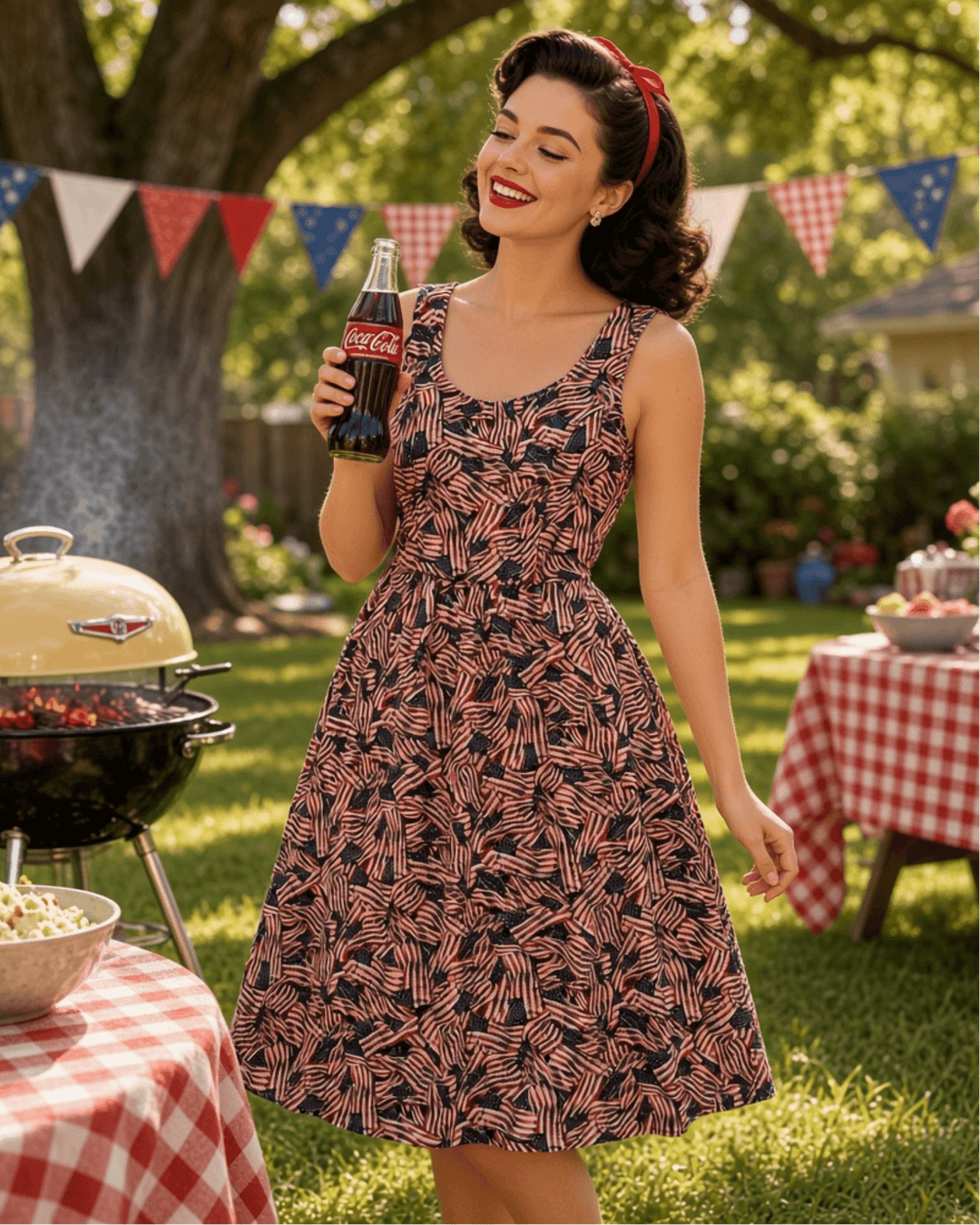A woman in a 1950s-style sleeveless dress with a red, pink, and navy geometric pattern stands outdoors in a backyard setting, holding a vintage Coca-Cola bottle. The background features a grill, tables with red-and-white checkered tablecloths, and patriotic bunting.