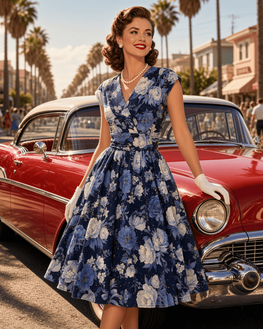 A woman wearing a navy blue floral 1950s-style dress with white gloves and a pearl necklace stands beside a red classic car on a palm-lined street.