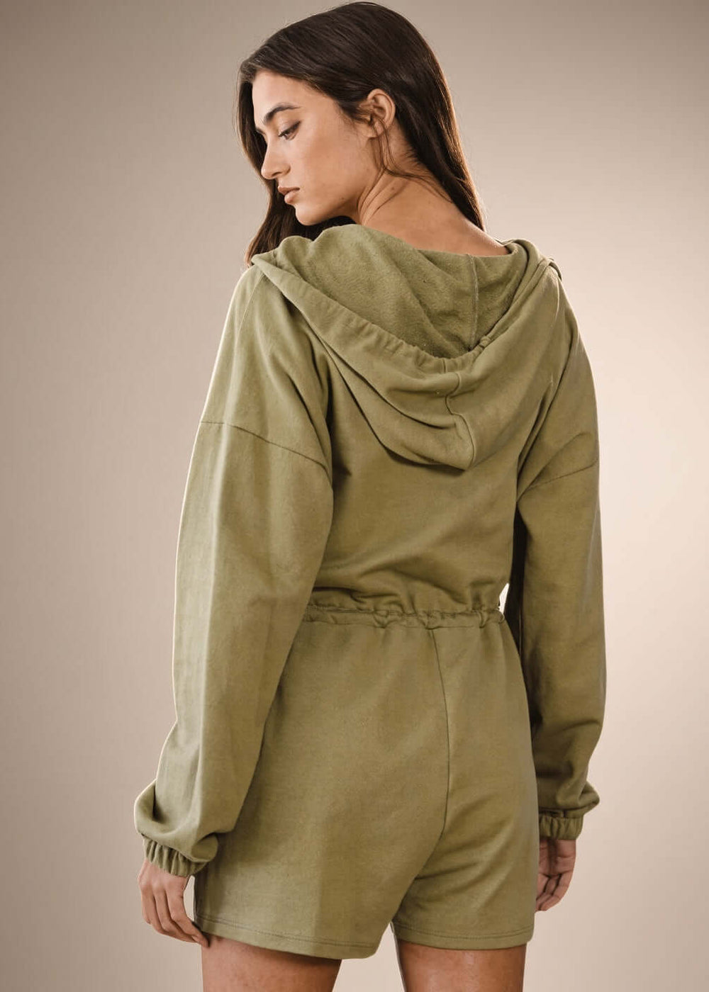 Made in USA Bucket List Clothing Style R5406 Women's Cotton Long Sleeve Drawstring Hoodie Half Zip Romper in Light Army Green | Classy Cozy Cool Made in America Boutique