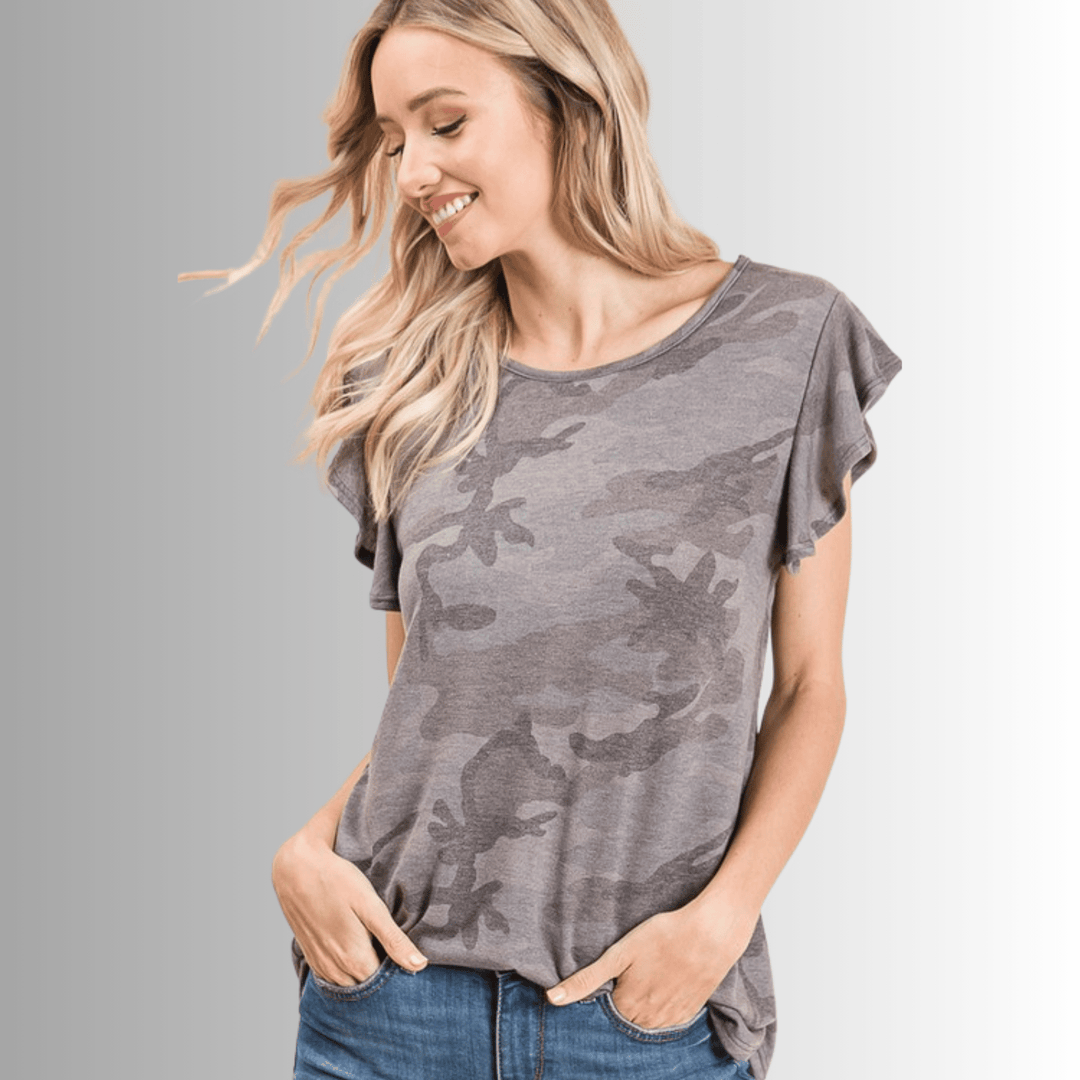 Made in USA Women's Camo Ruffled Cap Sleeve Comfy Tee, Longer Length, Grey Camo Print, Soft Material | Classy Cozy Cool Made in America Boutique