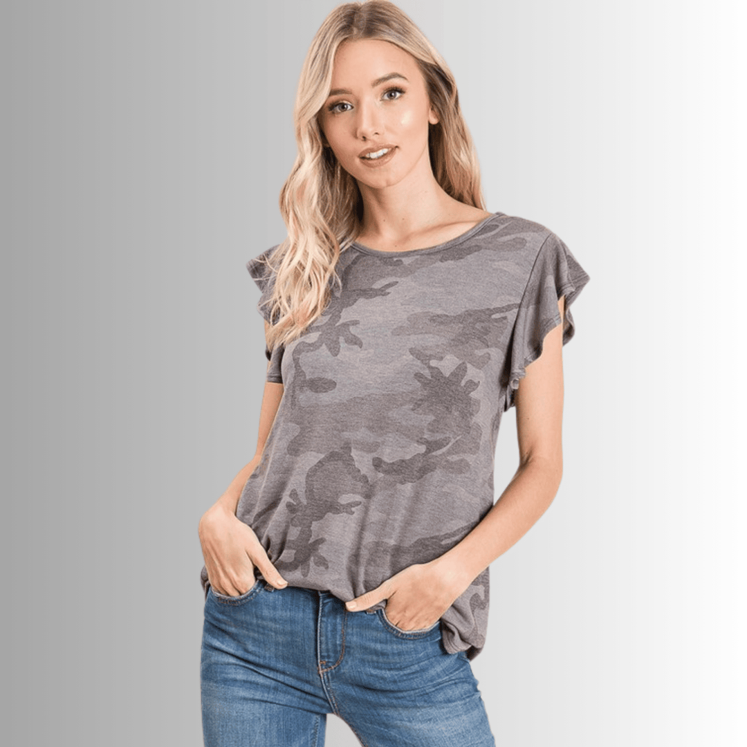 Made in USA Women's Camo Ruffled Cap Sleeve Comfy Tee, Longer Length, Grey Camo Print, Soft Material | Classy Cozy Cool Made in America Boutique