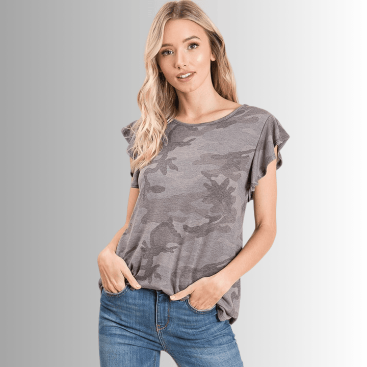 Made in USA Women's Camo Ruffled Cap Sleeve Comfy Tee, Longer Length, Grey Camo Print, Soft Material | Classy Cozy Cool Made in America Boutique