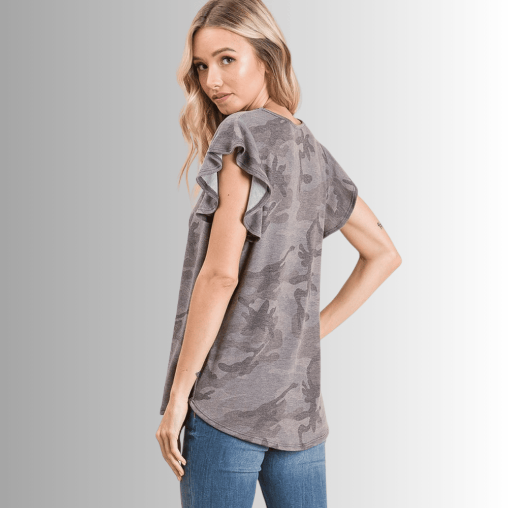 Made in USA Women's Camo Ruffled Cap Sleeve Comfy Tee, Longer Length, Grey Camo Print, Soft Material | Classy Cozy Cool Made in America Boutique