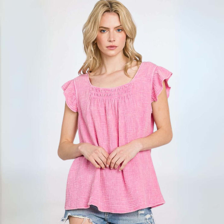 USA Made Women's Premium 100% Cotton Gauze Loose Fit Top with Ruffled Cap Sleeves in Pink | Classy Cozy Cool Made in America Clothing Boutique