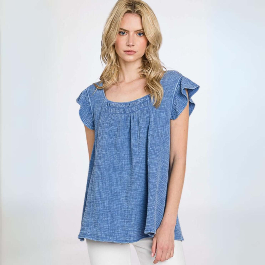 USA Made Women's Premium 100% Cotton Gauze Loose Fit Top with Ruffled Cap Sleeves in Blue | Classy Cozy Cool Made in America Clothing Boutique