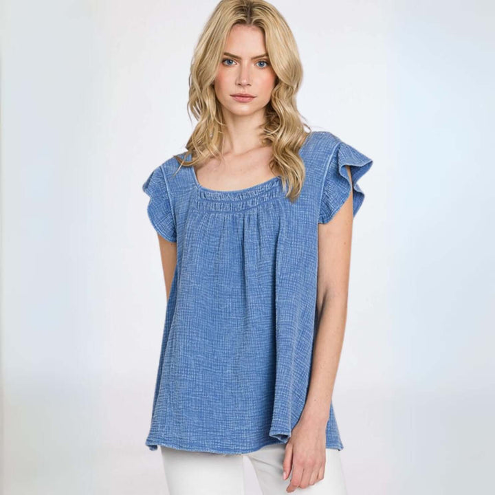 USA Made Women's Premium 100% Cotton Gauze Loose Fit Top with Ruffled Cap Sleeves in Blue | Classy Cozy Cool Made in America Clothing Boutique