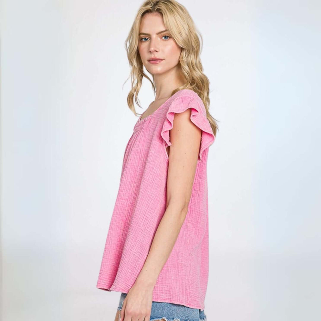 USA Made Women's Premium 100% Cotton Gauze Loose Fit Top with Ruffled Cap Sleeves in Pink | Classy Cozy Cool Made in America Clothing Boutique